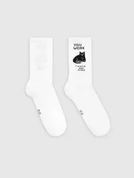 Высокие белые носки унисекс с изображением кота и надписью на английском