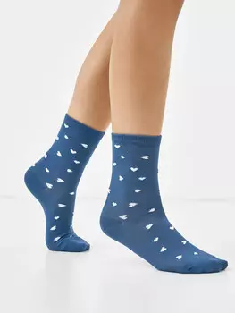 Высокие детские носки джинсового цвета в белое сердечко