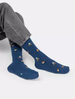 Высокие мужские махровые носки джинсового цвета с рисунками