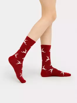 Высокие женские носки с люрексом красного цвета с оленями