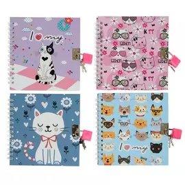 Записная книжка подарочная формат а6+,45 листов, на замке, на гребне,линия,микс котики