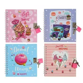 Записная книжка подарочная формат а6+,45 листов, на замке, на гребне, линия,микс сладости