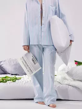Женские домашние брюки голубые в полоску