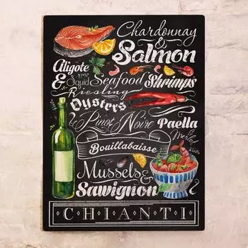 Металлический плакат вино и морепродукты