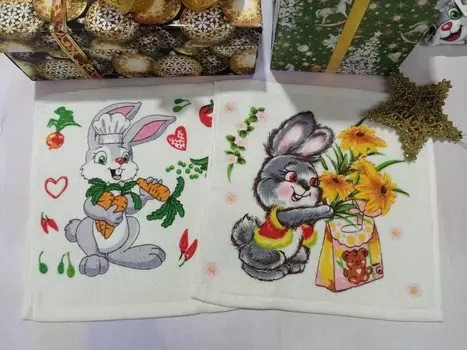Набор из 2-х махровых салфеток 28x28 Зайцы (вид 3) зк