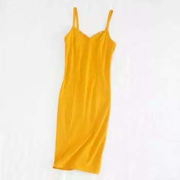 0115 2023 Summer New Solid V-neck Suspender Skirt Women Temperament Slim fit Stretch Slimming Sheath Dress Yellow (Blemish) S