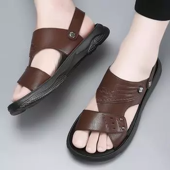 023 Summer New Sandals Men S Cowhide Casual Beach Shoes Genuine Leather Thick Sole Anti Slip Male Open Toe Shoes Black Brown 39 чёрный