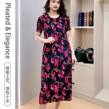 02 весна/лето плиссированное платье с фрагментарным цветком и круглым вырезом, свободная и утягивающая женская одежда среднего возраста с короткими рукавами One Size розы красного