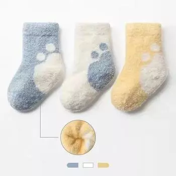 0-3 years old3PCS Set Baby Socks Sbring Autumn and Winter Thick Warm Baby Plush Socks Children s Coral Velvet Floor Socks 9-11cm