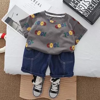 0-5 лет детская одежда повседневный костюм летний новый мальчиковый комплект с надписями футболка джинсовые шорты комплект из двух предметов модный хлопок 6-12m серый
