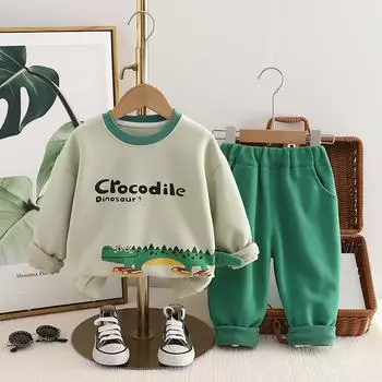 0-5 лет Детский комплект одежды осенняя одежда комплект для мальчиков комплект для маленьких мальчиков брюки с длинными рукавами пуловер милый комплект из двух предметов хлопок повседневный S зелёный