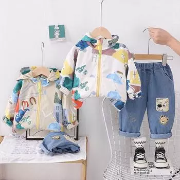 0-5 лет Комплект с длинными рукавами для мальчиков Детская куртка с граффити Повседневная Джинсовые брюки Комплект из двух предметов Детская одежда для мальчиков S хаки
