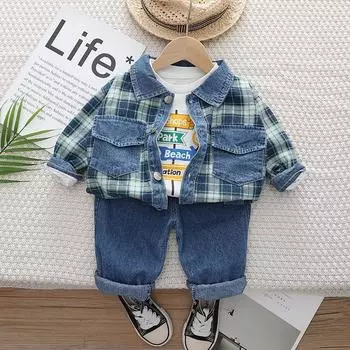 0-5 лет Костюмы для мальчиков Осень Новинка Детские джинсовые костюмы джинсовая рубашка в клетку куртка топ брюки повседневные костюмы для маленьких мальчиков комплекты из трех предметов S синий