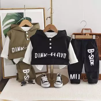 0-5 лет мальчик повседневный костюм с длинными рукавами осенне-зимняя новая модная одежда для мальчиков комплект из трех предметов с капюшоном и надписью детский костюм S чёрный
