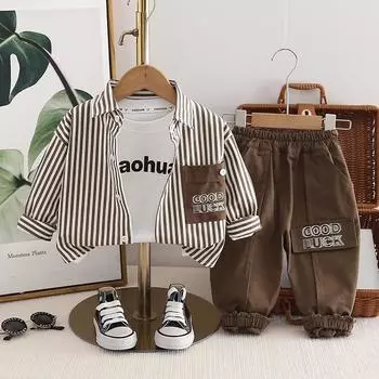 0-5 лет Мальчик повседневный костюм осень и зима новый мальчик корейская версия детский полосатый костюм-рубашка из трех частей мода S коричневый