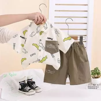 0-5-летний малыш Летний повседневный комплект из двух предметов Рубашка с короткими рукавами для мальчиков Модный комплект Детская тонкая одежда S зелёный