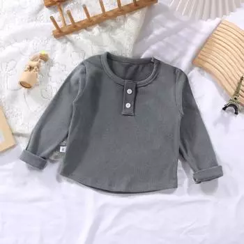 0-7 лет Детская трикотажная рубашка Весенне-осенняя одежда Детская базовая рубашка с круглым вырезом Длинные рукава для мальчиков и девочек Детские универсальные топы 80cm серый