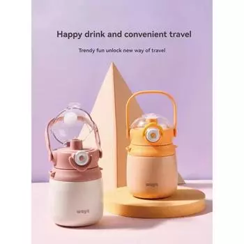 0.8L Cup Water Bottle with Straw Large Vaccum Flasks Stainless Steel Vacuum Cup with Strap LeakProof Portable Thermos for School 0.8L розовый