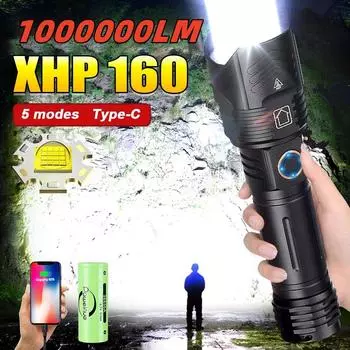 1000000LM XHP160LED Мощный фонарик Водонепроницаемый перезаряжаемый USB-фонарь Масштабируемый фонарь 26650 Батарея Ручная лампа Кемпинговый фонарь no battery чёрный