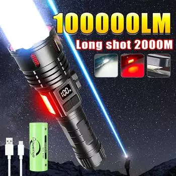 100000LM Высокомощный перезаряжаемый светодиодный фонарик Long Shot 2000M Супер яркий фонарь 160W LED Ультрамощные фонари COB Lights Водонепроницаемая лампа A-Without battery