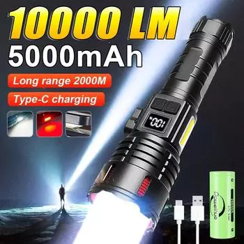 10000LM 5000 мАч перезаряжаемый светодиодный фонарик высокой мощности перезаряжаемый сверхмощный светодиодный фонарик дальнего действия 2000 м с магнитным фонарем without battery чёрный