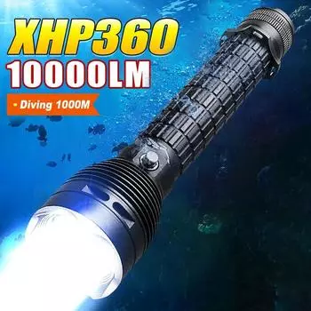 10000LM Мощный светодиодный фонарик для дайвинга Супер яркий XHP360 Профессиональный подводный фонарь IPX8 Водонепроницаемая лампа Использование батареи 26650 no battery чёрный