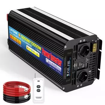 10000Вт (Вершина горы) Инвертор 12 В - 230 В 5000 Вт номинальной мощности, с 2 розетками переменного тока, ЖК-дисплеем, беспроводным пультом дистанционного управления, для автомобилей, автофургонов, грузовиков 24V 230V EU Socket чёрный