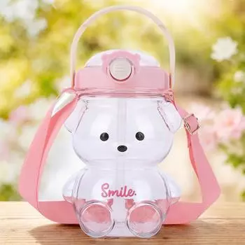 1000/1400 мл Kawaii Bear Cup с плечевым ремнем, милая бутылка для питья с медведем, герметичный мультяшный фитнес-чайник для занятий спортом на открытом воздухе