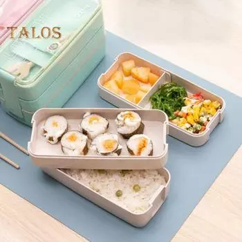 1000 мл Ланч-бокс, 3-слойная коробка для бенто, большая емкость, прочный ящик для хранения продуктов с вилкой, ложкой для школьного офиса зелёный