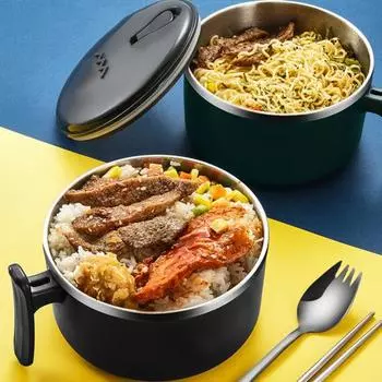 1000 мл миска для лапши пищевая портативная анти-протекающая чаша из нержавеющей стали для школьного общежития, студенческая миска для лапши рамэн A чёрный