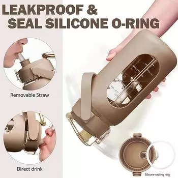 1000ML Glass Water Bottles With Straw, Glass Bottle With Silicone Sleeve And Time Marker, For Gym Camping Home Office 32oz 9.4x9.4x25cm белый