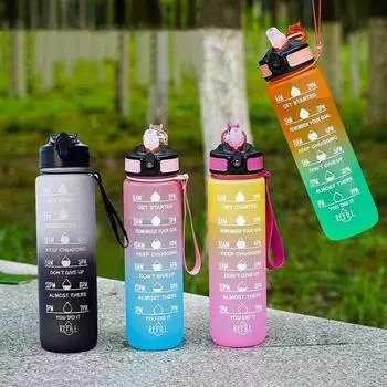 1000ml Sports Water Bottle Leak Proof Time Mark Drinking Bottles Outdoor Women Men Students Straw Cups Gradient Gym Fitness Jug