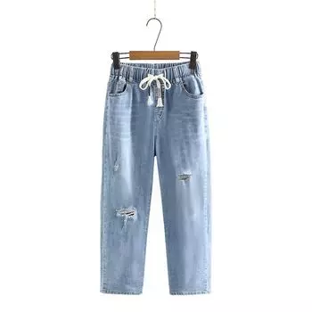 100.00кг Эластичная талия Кулиска Светло-голубые Женские Джинсы Light blue XL
