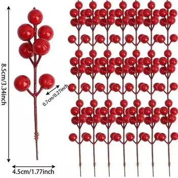 100/10PCS Red Artificial Berries Branch Christmas 7 Heads Holly Berry Stems DIY Craft Wreath New Year Party Xmas Tree Decoration 1PC