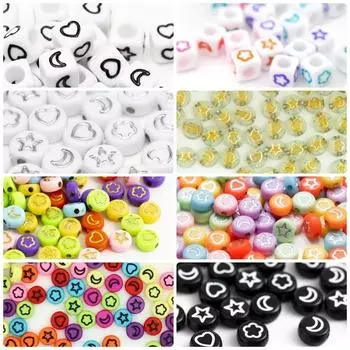100/200/300/500PCS Mixed Acrylic Moon Star Flower Heart Beads Flat Round Spacer Beads For Jewelry Making Diy Bracelet Necklace 100PCS