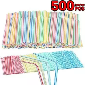 100/300/500 шт. гибкие пластиковые однотонные белые одноразовые трубочки для чая и кофе для вечеринок, свадебные украшения и товары для магазинов 100pcs/1bag