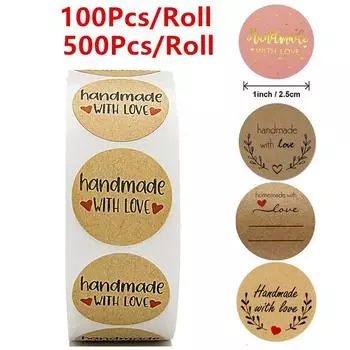 100 500 шт. в рулоне, ручной работы с любовью, наклейки из натуральной крафт-бумаги, круглые клейкие этикетки 25 мм для выпечки, украшения свадебной вечеринки 100Pcs-C-08
