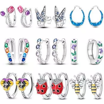 100% 925 серебряные серьги пчела цветок бабочка u-образная форма синий циркон ювелирные изделия для сверкающие серьги-кольца свадьба белый