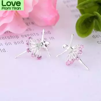 100% 925 Серебряный Цветок Фея Ангел Балерина Танцор Розовый Циркон Серьги-гвоздики Для Женщин Дети Pendientes Мода