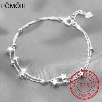 100% 925 сплошной настоящий стерлинговый серебряный модный двухслойный браслет со звездами и бусинами 17 см для женщин и девочек серебряные ювелирные изделия Ds1211