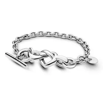 100 %925 Sterling Silver Pan Charms Knotted Heart T -Bar Bracelet The Love Bracelet Channels The Symbolism Of The Knot 16cm
