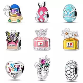 100% стерлинговое серебро 925 пробы, розовые шармы-бусины в виде короны, флакона духов, пасхального яйца, подходят для оригинальных браслетов Qikaola, изысканные DIY ювелирные изделия, подарки