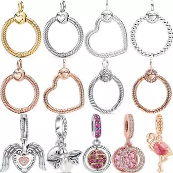 100% 925 Твердое Серебро O Сердце Розовое Золото CZ Подвеска Мотаться Шарм Подходит Оригинальный Браслет DIY Ювелирные Изделия Из Бисера Аксессуары