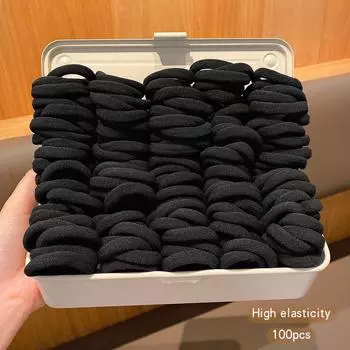 100 эластичных и прочных черных резинок для волос, базовые аксессуары для волос, подходящие для ежедневного использования (коробка — реквизит для съемок)