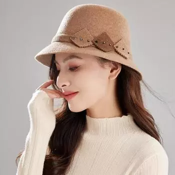 100% чистая шерсть шерстяная шапка для женщин, теплая осенью и зимой, утолщенная мода среднего возраста и иностранный стиль, отправить матери шапки, новый тренд Adjustable (55-58cm) бежевый