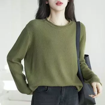 100% Cotton Delicate Skin-friendly Pure Cotton Knitted Sweater Women Spring and Autumn New Popular Loose Plus size Bottoming Shirt This Year Green XL
