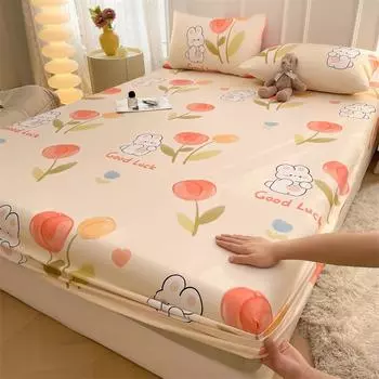 100% Cotton Small Fresh Printed Bed Cover Single-layer Mattress Protective Cover Queen Size Bedspread Elastic Fitted Sheet 90x200cm 1pcs