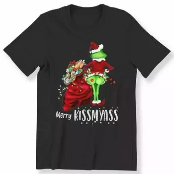 100% cotton TOPS UNISEX TEES MENS WOMENS Merry Kissmy-ss Ladies Christmas Funny T-shirt Santa Xmas Gift Tee S чёрный