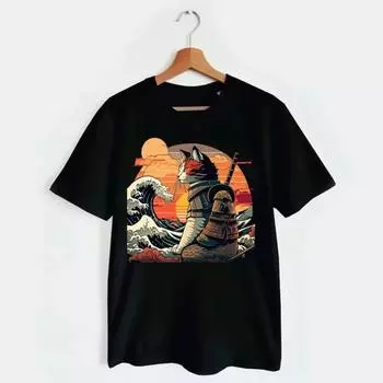 100% cotton TOPS UNISEX TEES MENS WOMENS Retro samurai cat T-shirt The Great Wave off Kanagawa Hokusai M чёрный