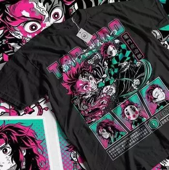 100% cotton TOPS UNISEX TEES MENS WOMENS Tanjiro Demon Slayer T-shirt Kimetsu No Yaiba Horror Anime Nezuko Shirt All Size L чёрный